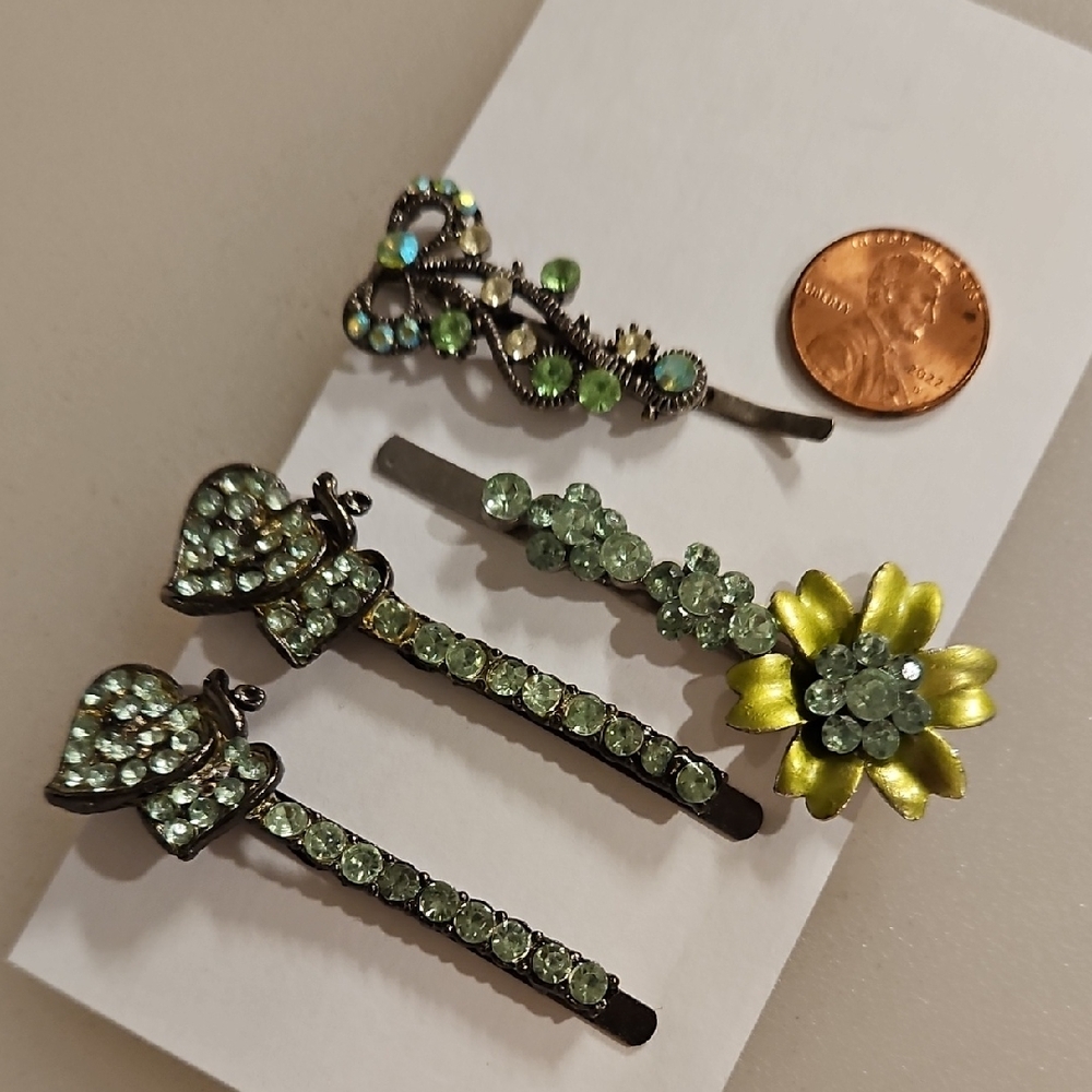 Set Of 4 Green Rhinestone hair pins Special Occasion Braid Prom Party Wedding - Picture 2 of 5